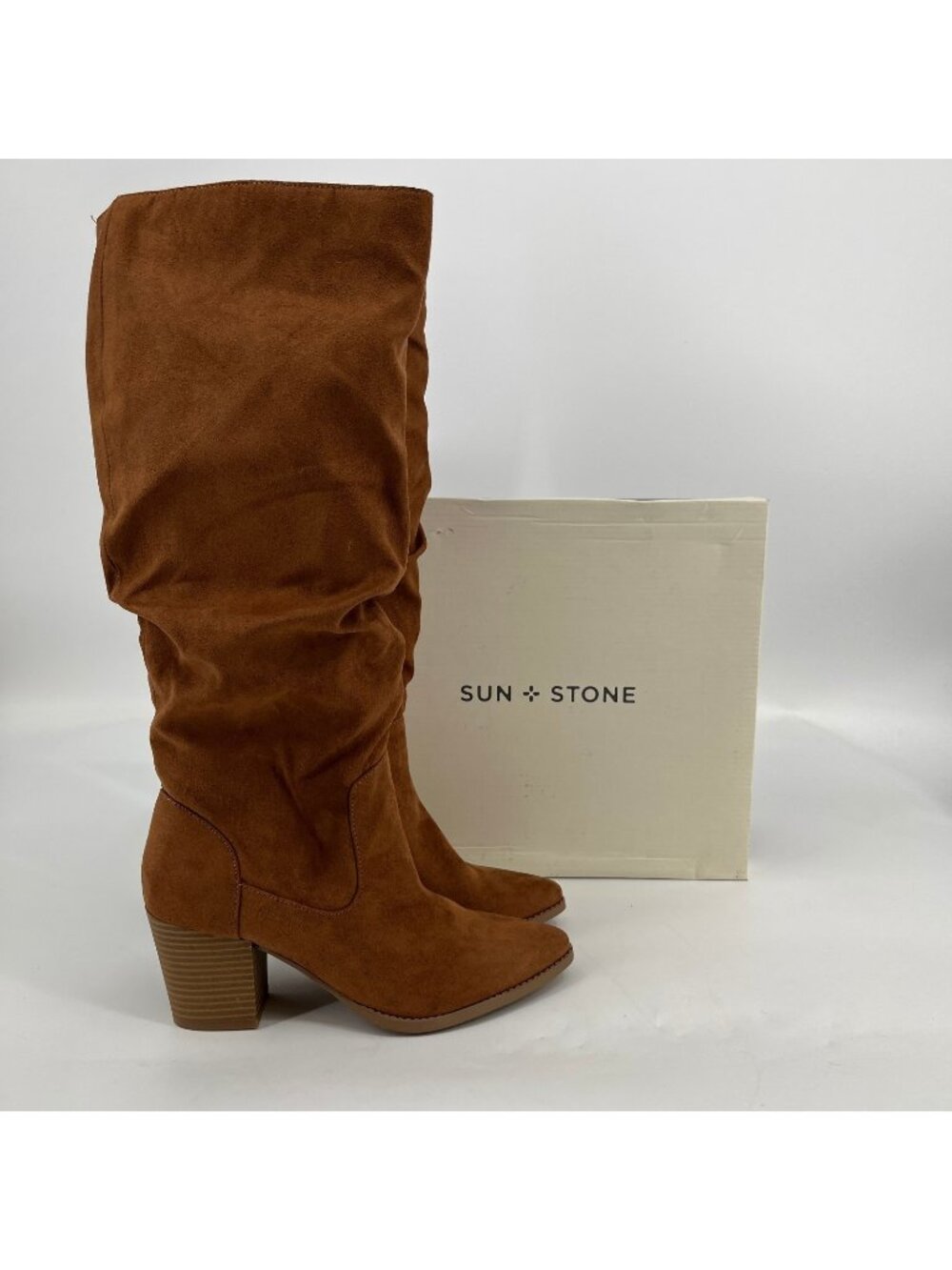 Sun + Stone Elviss Slouch Knee High Boots Chestnut Size 6.5M Fabric Block Heel